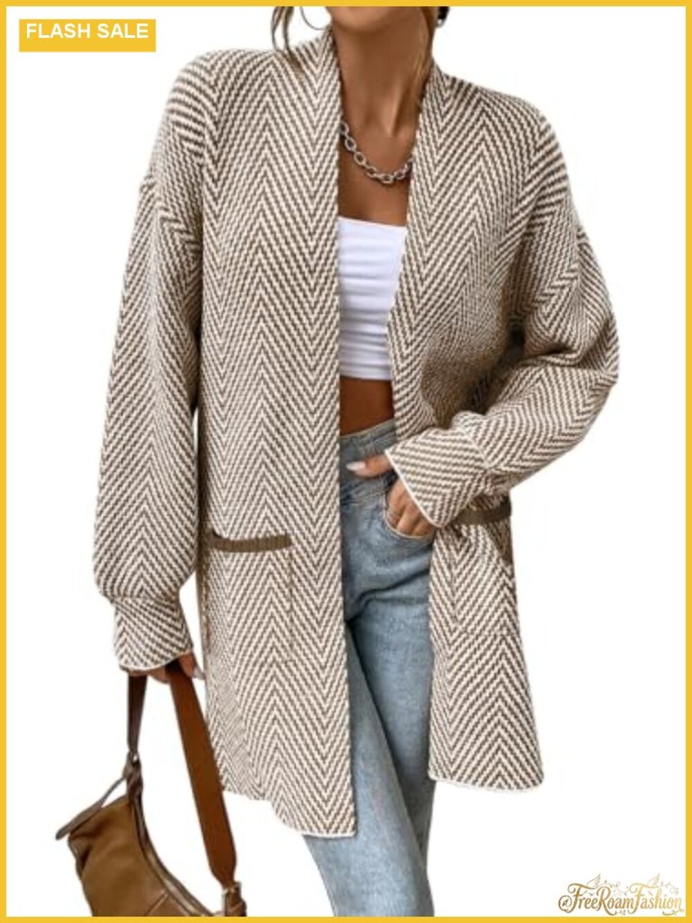 Open Front Chevron Cardigan Sweater 100% Acrylic Long Sleeve Pockets